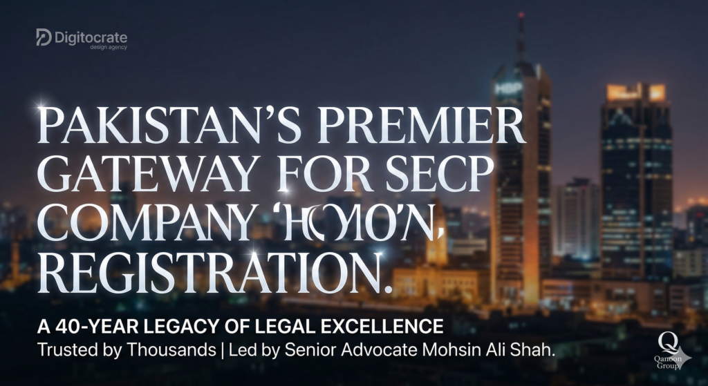 Professional website hero banner showing a blurred night skyline of Karachi with premium white text reading 'PAKISTAN’S PREMIER GATEWAY FOR SECP COMPANY REGISTRATION' and 'A 40-YEAR LEGACY OF LEGAL EXCELLENCE'.